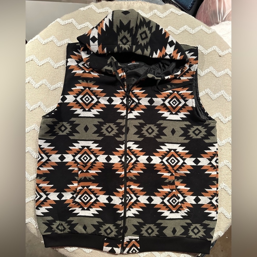 Native Aztec Geometric Pattern Hooded Fleece Vest - image 1